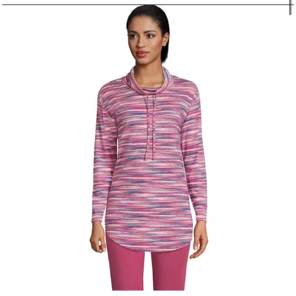 Lands End Power Performance Cowlneck Top Pink Stripe Size Small